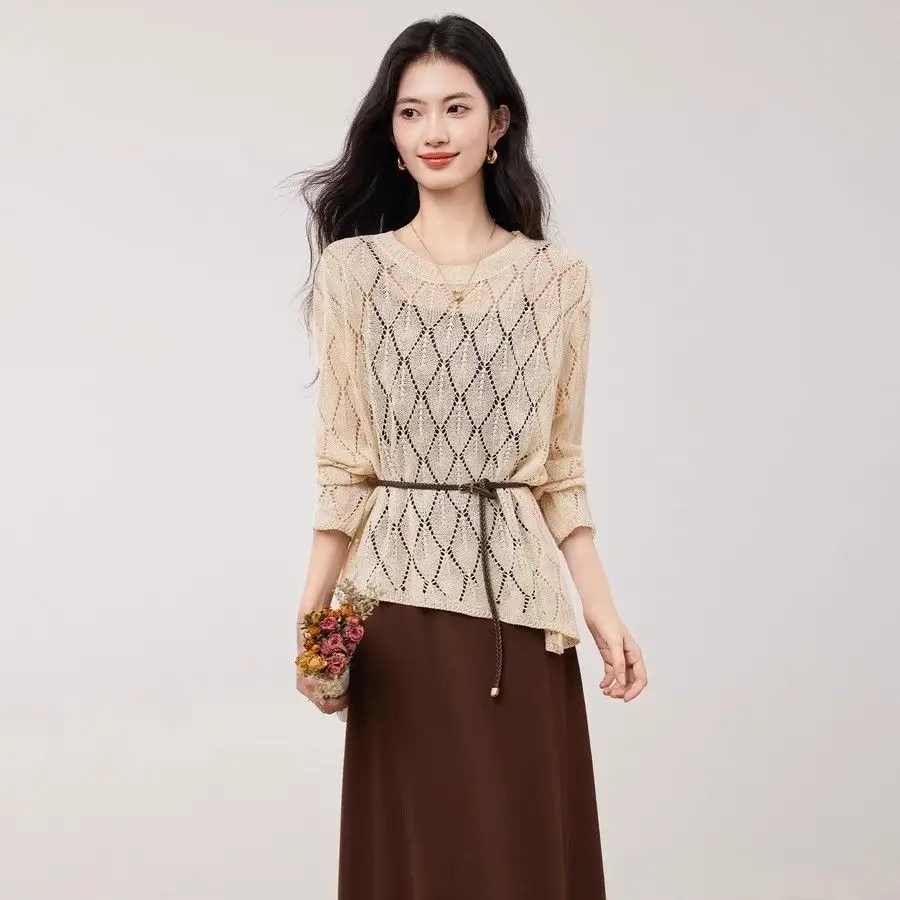 

Women Dress Sets 2026 New Korean Hollow Knitted Pullover Tops Suspender Sling Dresses Two-piece Suits Loose Elegant Outfit