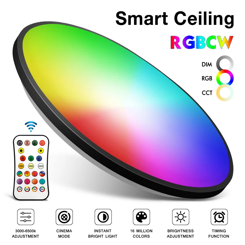 Imagem -02 - Inteligente Led Luz de Teto Redonda Rgb Pode Ser Escurecido Painel Controle Remoto Atmosfera Interior Lâmpada Quarto Casa Sala Estar Decoração Iluminação