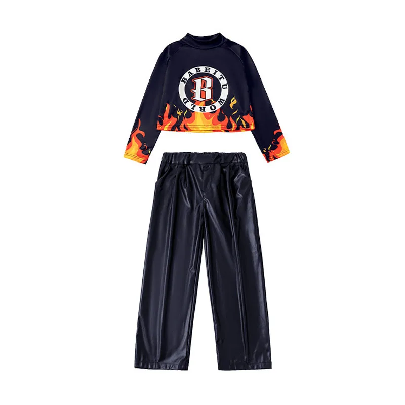 Kid Cool Hip Hop Clothing Black Flame Long Sleeve Crop Top T Shirt Casual Faux Leather Pants for Girl Jazz Dance Costume Clothes