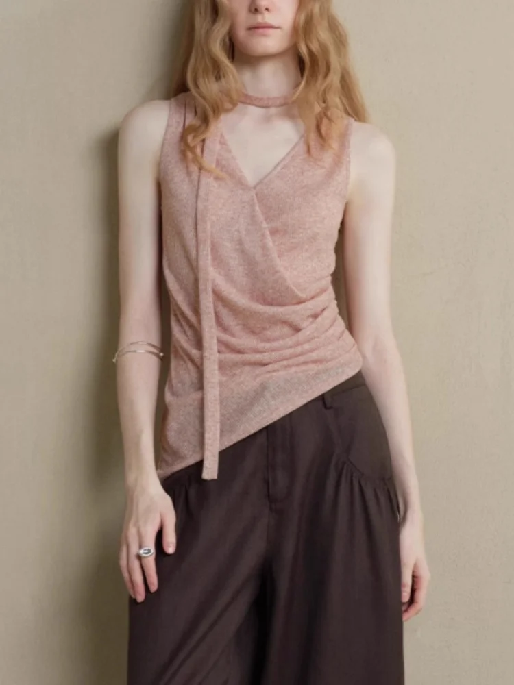 

Asymmetric Hem Halter Neck Top for Women Side Pleated Ribbon Strap Casual Blouse Office Wear 2025 Woman clothes t shirts
