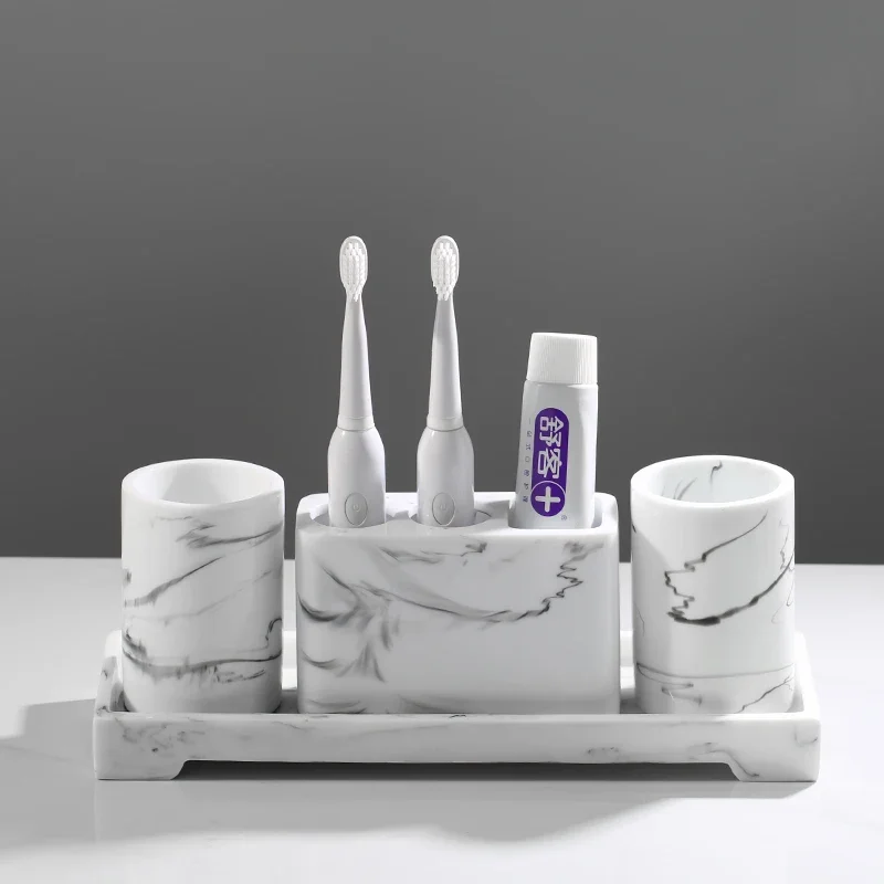 Resin Bathroom 5-piece Set Rectangular Tray Marble Toiletries Wash Lotion Bottle Cotton Swab Box Mouth Cup Soap Dish