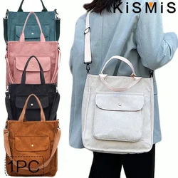 KISMIS 1Pc Women Corduroy Tote Ladies Casual Shoulder Bag Foldable Reusable Shopping Beach Bag Canvas Bags Handbag