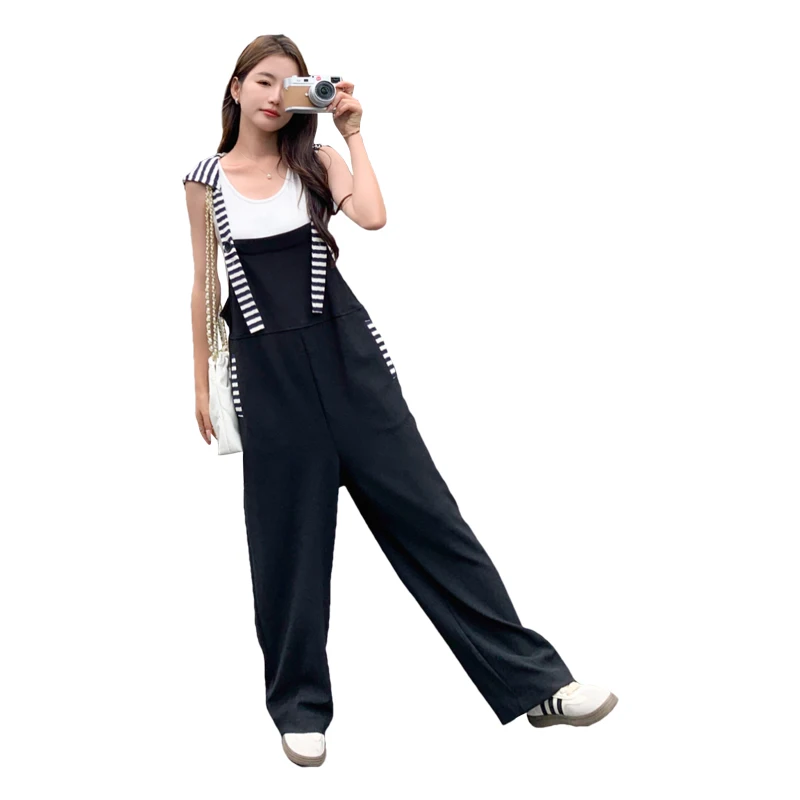 High Waist Striped Patchwork Hooded Bib Overalls Women's Design Sensation Sweet Korean Sle Thin Wide Leg Jumpsuit Pants