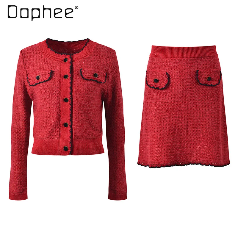 

Temperament Celebrity Red Knitted Suit Autumn Office Lady Splicing Color Slim Short Knitted Cardigan Mini Skirt Two-piece Set