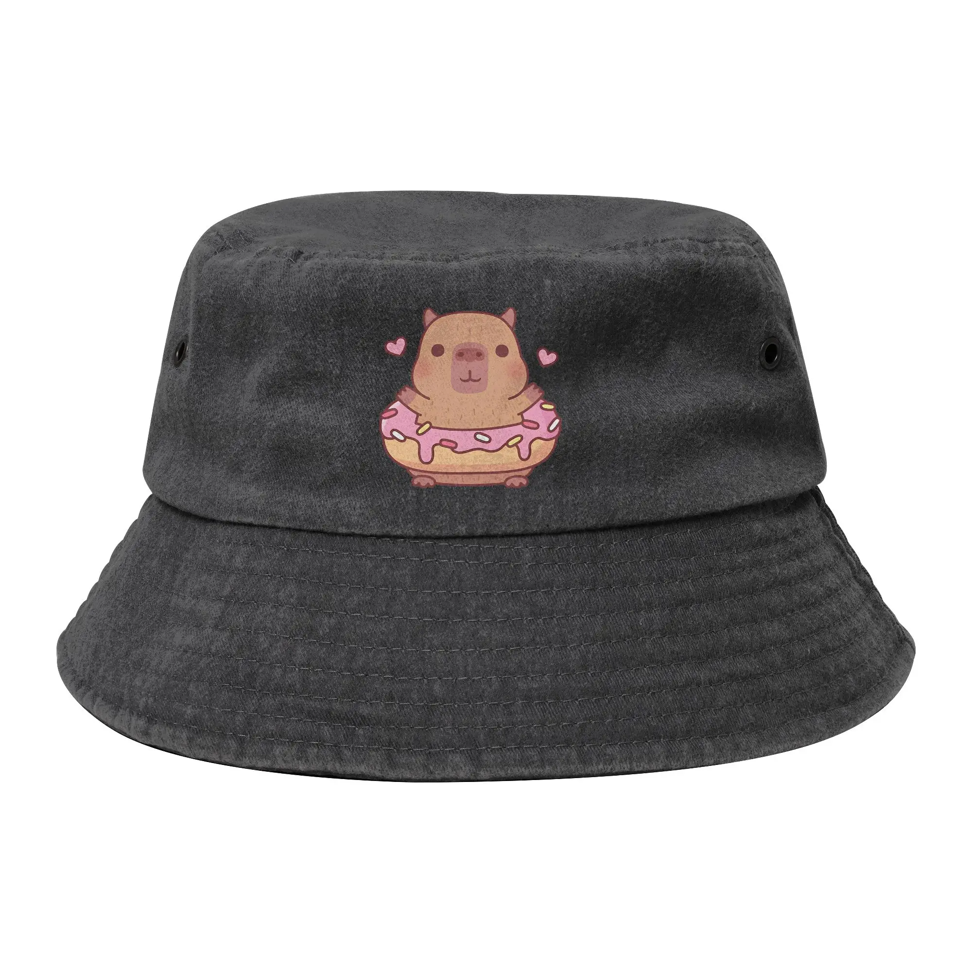 Capybara With Pink Frosting Donut Bucket Hat Unisex Camping Distressed Washed Fishing Hats Summer Beach Getaway Headwear Bob
