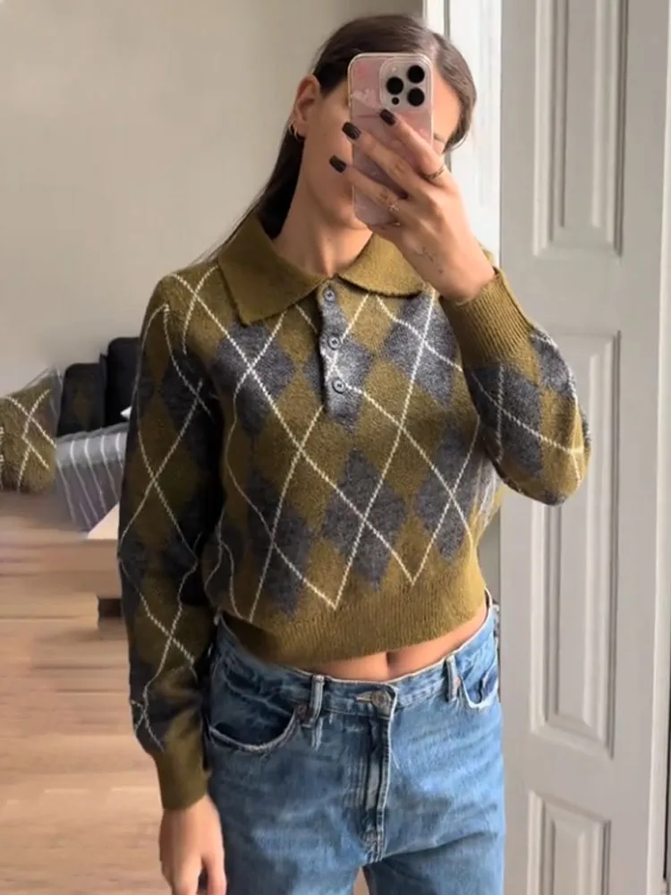 

HH женский шикарный вязаный свитер с рисунком Argyle, пуловер с лацканами и длинными рукавами, украшение на пуговицах, короткий топ, женский осенний повседневный уличный пуловер
