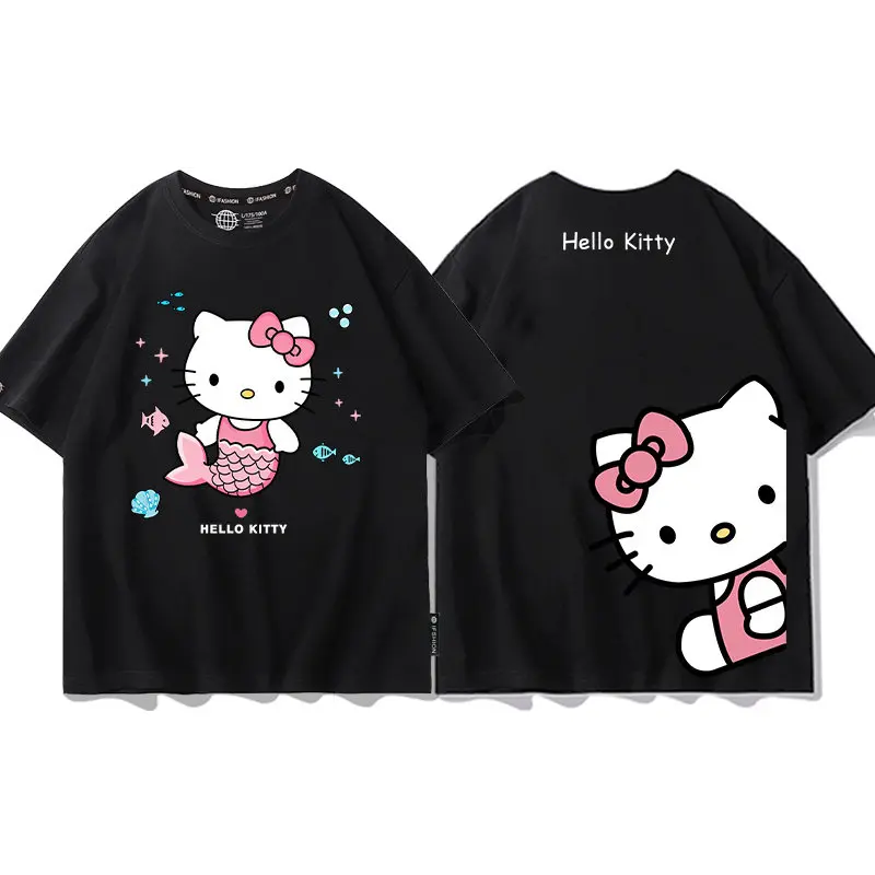

Детская футболка Sanrio Hello Kitty из чистого хлопка с двусторонним принтом, летняя повседневная одежда для родителей и детей, с короткими рукавами
