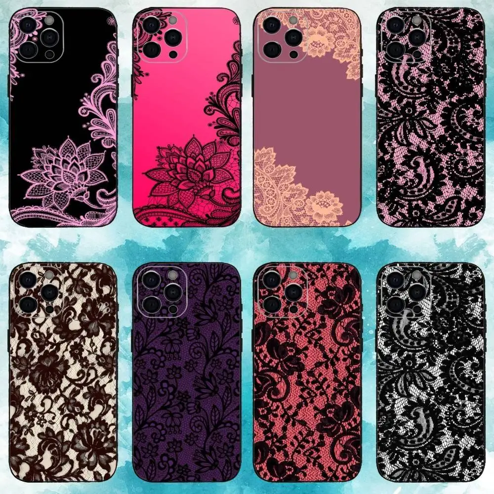

Black L-Lace P-Pattern Phone Case For iPhone17,16,15,14,13,12,11 Plus,Pro Max Soft Black Cover