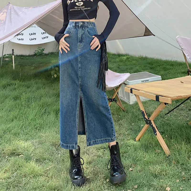 Front Slit Denim Skirts For Women A Line Mid-length High Waist Bodycon Skirt