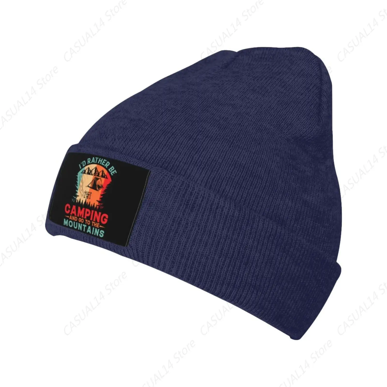 I'D Rather Be Camping And Go To The Mountains Beanie Hat For Men Women Beanies Winter Warm Knit Ski Hat Skull Cap Navy Blue