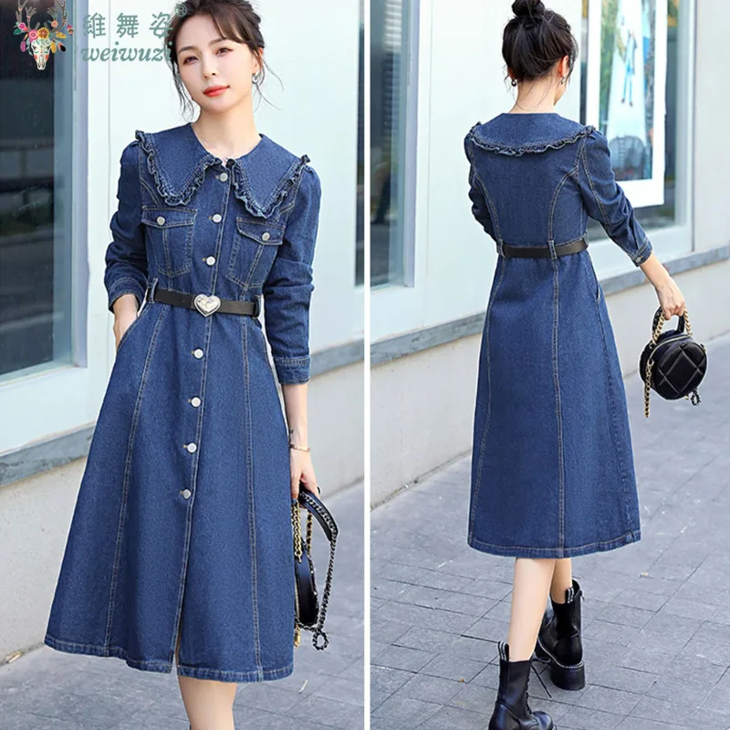 Robe en Jean élégante pour femmes, automne hiver, France, col Peter Pan, ceinture en cœur, Slim, mode dame, tenues décontractées, nouvelle collection