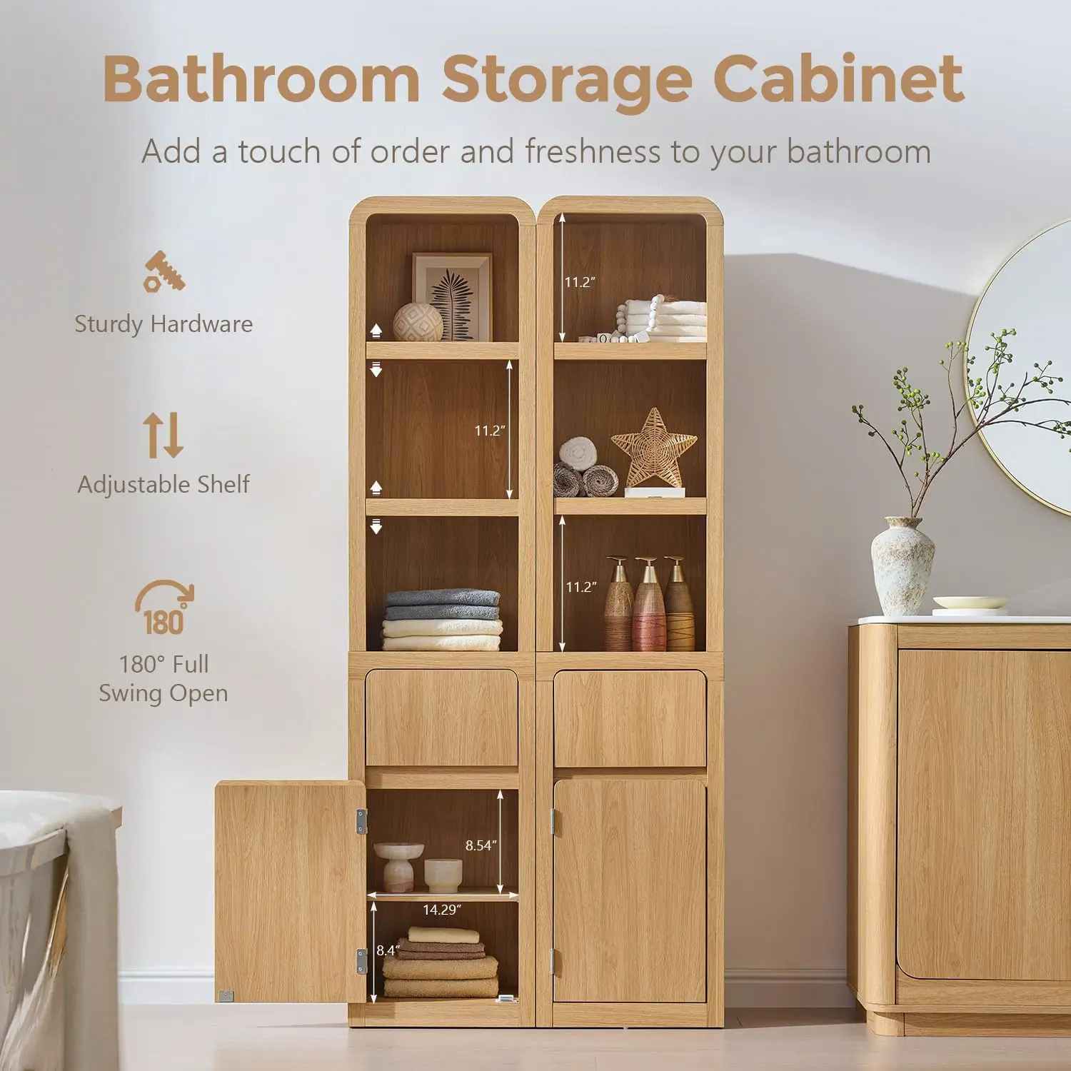 Tall Narrow Bathroom Storage Cabinet w/Door & Drawers, Natural Wood Finish, Space Saving Organizer, 67