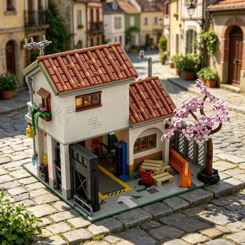 Secret Japanese Garage MOC Building Blocks Compact City Garage Building Model DIY Assembly Brick Set Desktop Collectible