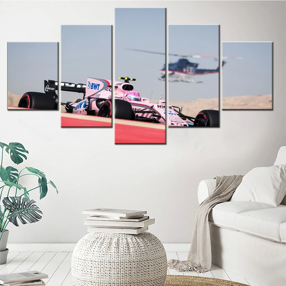 

5 Pieces Wall Art Canvas Poster Pink Cars Formula 1 Grand Prix Helicopters Home Decor Wallpaper Painting Living Room Mural