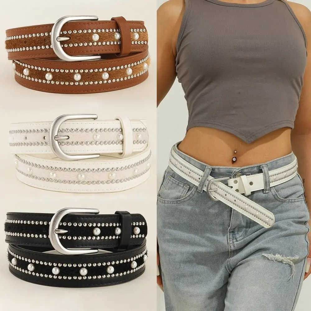 

Needle Buckle Punk Style Belt PU Leather Vintage Rivet Decorative Belt Punk Rock Style Pearl Decoration PU Leather Belt
