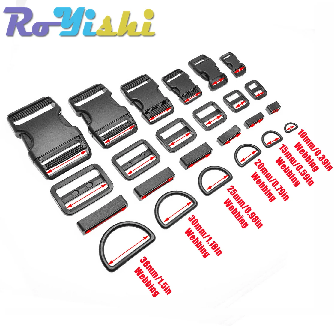 1 Set 10mm 15mm 20mm 25mm 30mm 38mm Plastic Slider Adjustable D Rings Belt Loop Curved Side Release Buckles For Paracord