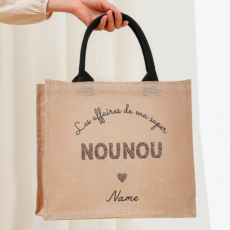 

Personalized Name Floral Boho Leopard Nanny Nounou Heart Bow Patterns Jute Tote with Hand Shopping Bag Mother Day Christmas Gift