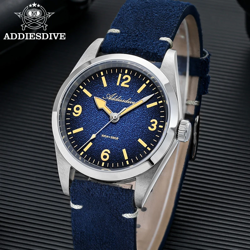 ADDIESDIVE Men's Quartz Watch AD2544 Suede Strap Luxury Watch 316L Stainless Steel C3 Vintage Super Luminous 100M Waterproof