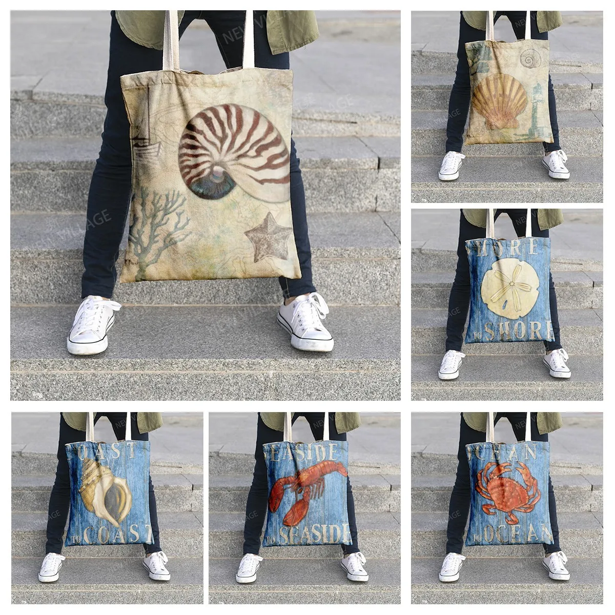 Canvas shoulder bag organization storage handbag cosmetics travel women's bag shopping fabric bag underwater world style