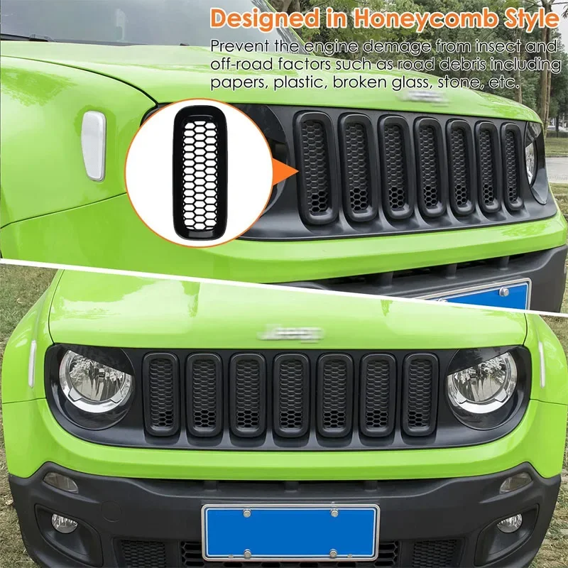 Front Grille Inserts Mesh Black ABS Grill Guard Cover Trim Fit for Jeep Renegade 2015 -2018 Fashion 7 Pcs 1 Set Front Car Cover