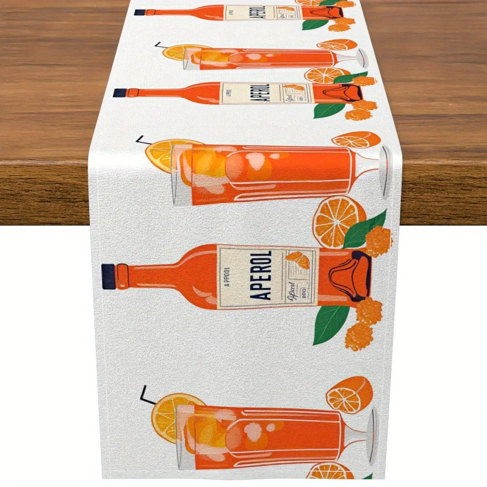 

Vibrant Orange Aperol Spritz Table Runner with Citrus Slices & Green Leaves Design Polyester Linen Material for Home Decor