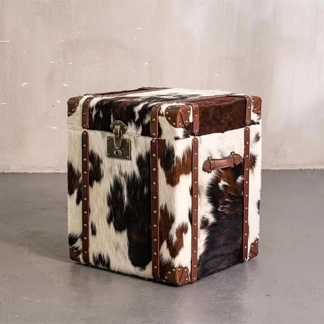 Medieval milk cowhide bedside table American retro leather box decoration storage cabinet villa room side few ideas