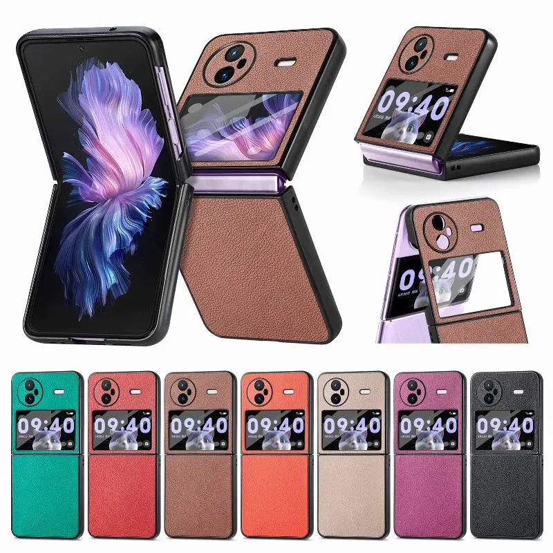 

Retro Lichee Pattern Leather Flip Phone Cover For Vivo X Flip Tempered Film Folding Phone Case