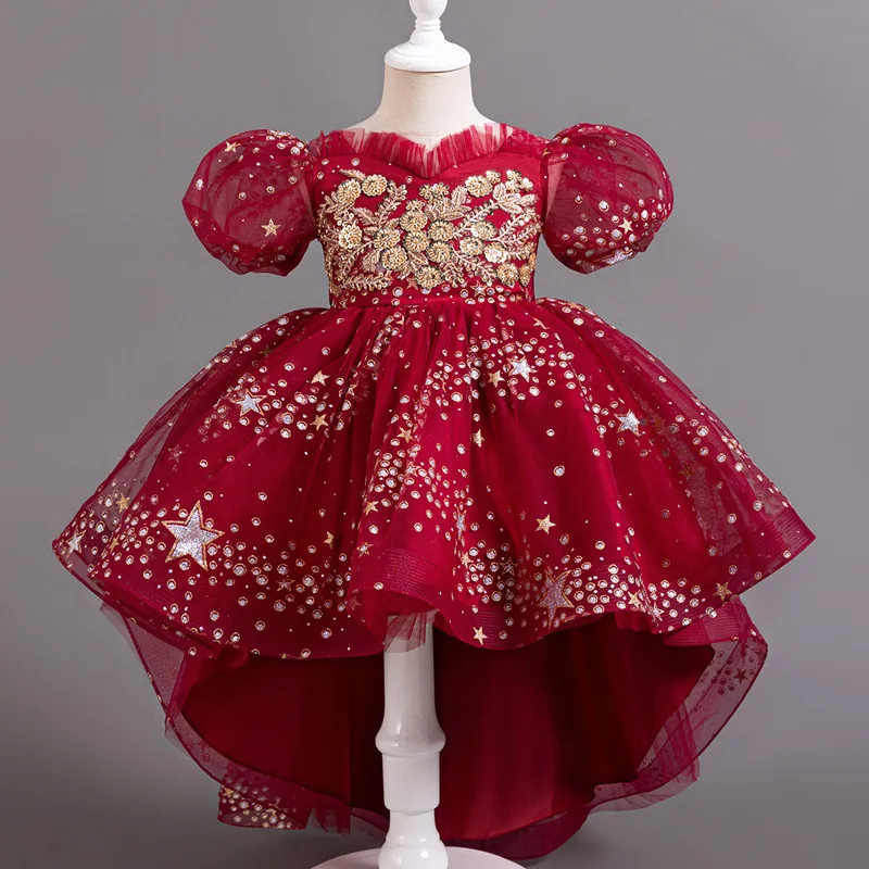 

Children Carnival Red Princess Flower Embroidery Sequin Dress For Wedding Bridesmaid Baptism Birthday Party Dress Up 3-10Y