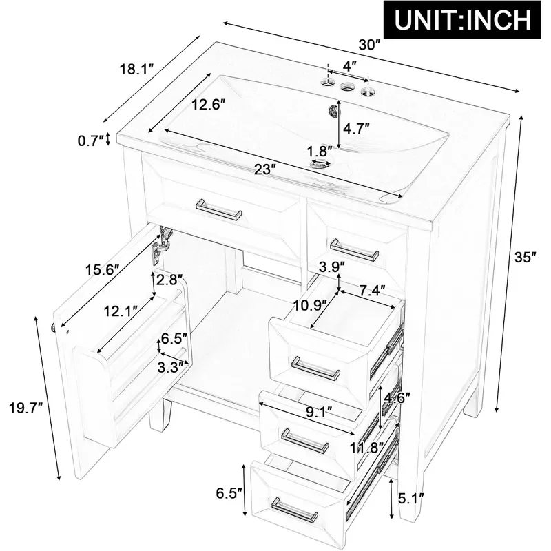 36 Bathroom Vanities with Undermount Sink Storage Cabinet with Three Drawers Modern Style Soft-Closing Door Solid Wood Legs