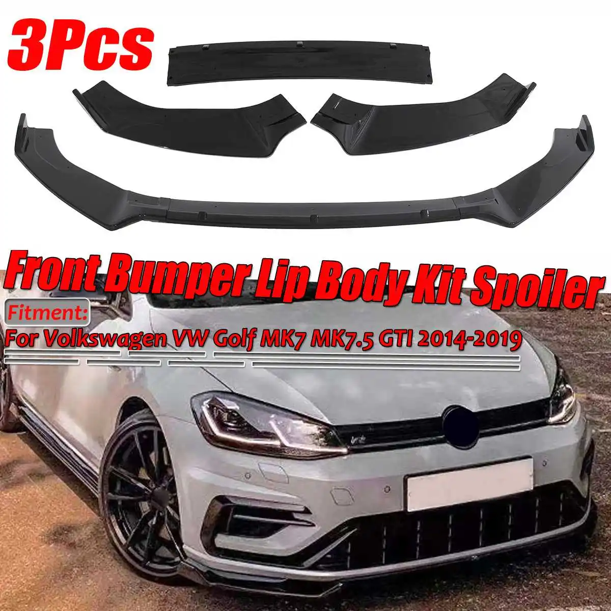 Glossy Black Car Front Bumper Lip Splitter Spoiler Diffuser Cover Trim For Volkswagen For VW For Golf MK7 MK7.5 GTI 2014-2019