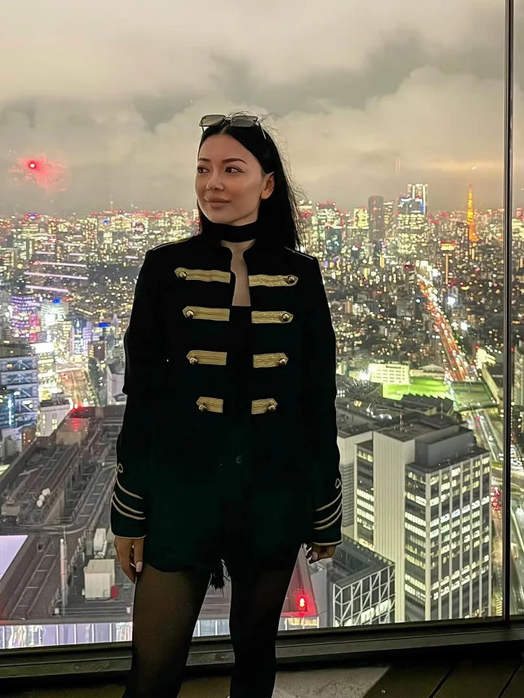 

Women Chic Black Napoleon Military Jacket Trendy Stand Collar Full Sleeves Metal Buttons Cropped Coat 2026 Lady New Street Style