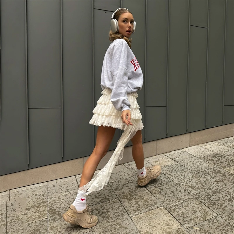 Lace Skirt Women High Waist Irregular Hem Layered Tulle Mini Skirt Spring Autumn Casual Party Wear Y2k Fashion Trendy Sheer