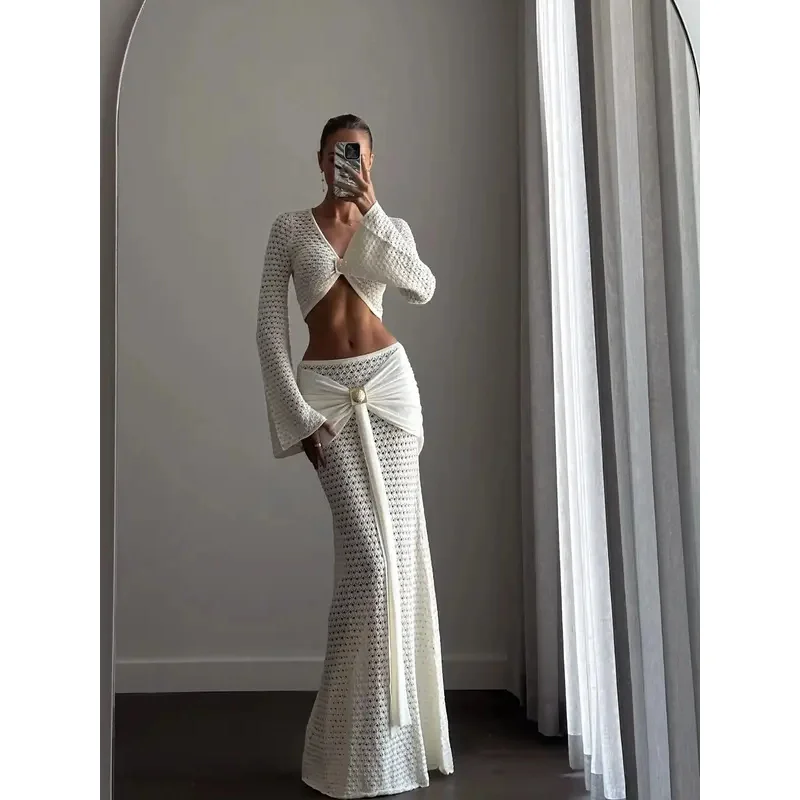BKQU Crochet Sexy Hollow Out Skirt Set Women 2026 Summer V-neck Long Sleeve Crop Tops Knit Beach Dress Outfit Bikini Cover-ups
