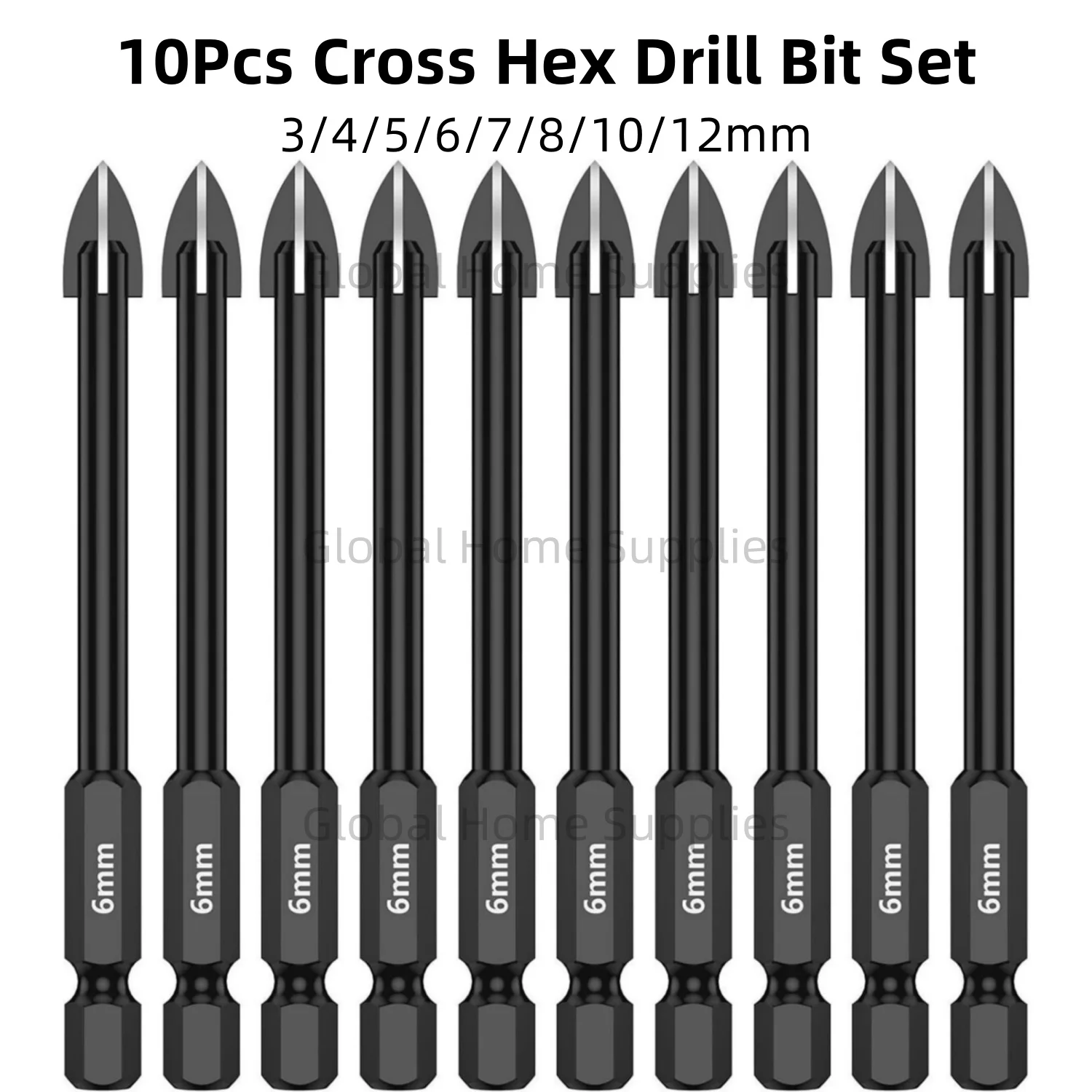 

10Pcs 3/4/5/6/7/8/10/12mm Cross Hex Drill Bit Set for Tile Porcelain Glass Mirror Multifunction Tile Porcelain Carbide Drills