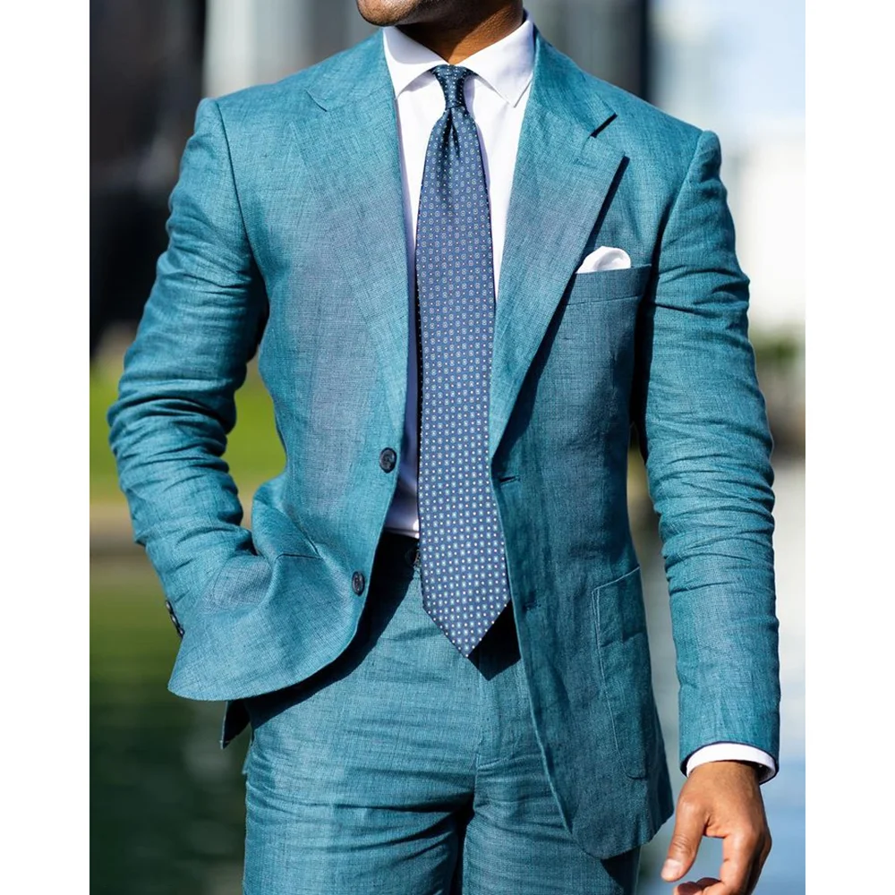 Blue Linen Single Breasted Men Suit Two Pieces(Jacket+Pants) Outfits Casual Party Prom Wedding Set