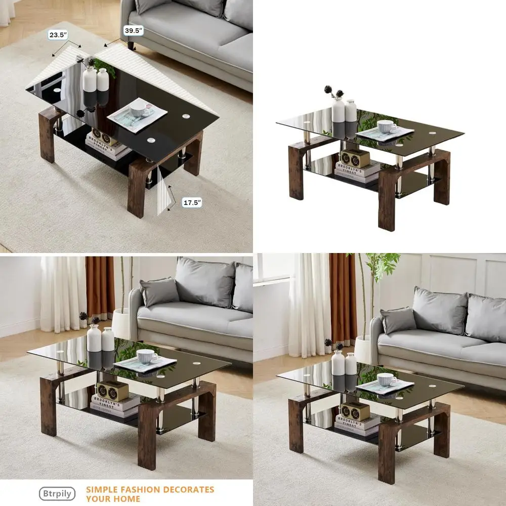 

Современный прямоугольный журнальный столик с деревянными ножками, стеклянной столешницей и нижней полкой для гостиных и зоров ожидания (черный/коричневый)