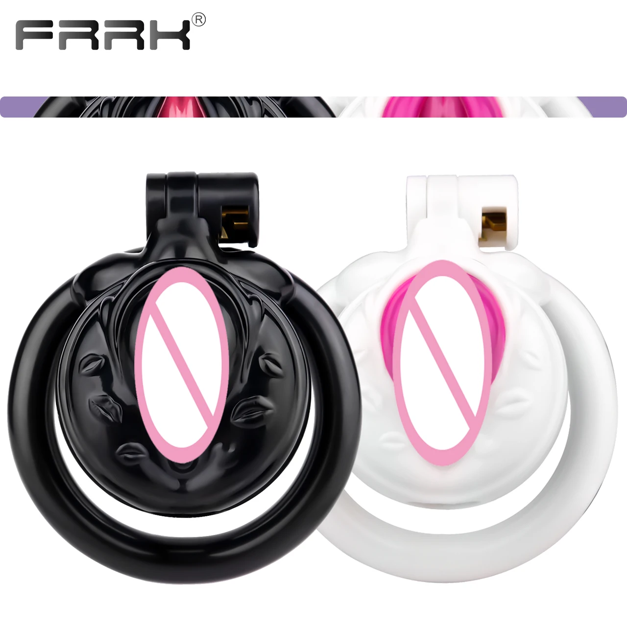 FRRK Realistic Vagina Shaped Male Chastity Cage With the Pinky Clitoris for Couple 4 Sizes Penis Rings Included Femboy Sex Toys