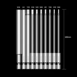 10Pcs SAE Inch Inner Hexagon Screwdriver Bit Set 5/64-5/16 Inch S2 Alloy Steel Magnetic Hex Head Driver Bit