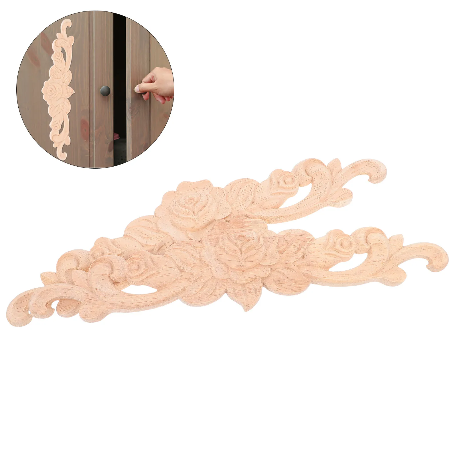 2Pcs Exquisite Wood Carved Rose Flower Appliques Unfinished Decorative Onlays for Home Decor DIY Projects Furniture Cabinets