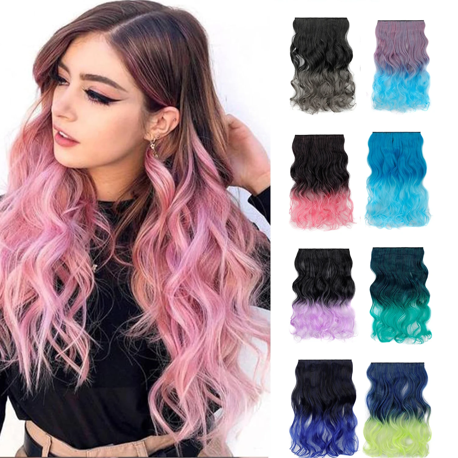 Jeedou One Piece 5 Clips Wavy Ombre Clip In Hair Extensions Long Water Wave Synthetic Curly Hair Piece Rainbow Colored Hair
