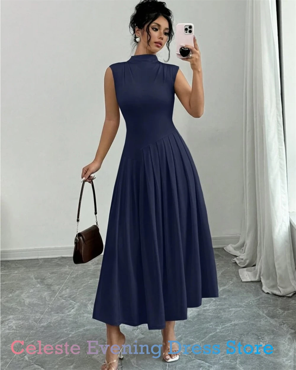 Vestido de noche de Jersey azul Simple personalizado, vestidos elegantes de cuello alto sin mangas para fiesta de bienvenida, vestidos clásicos para ocasiones especiales