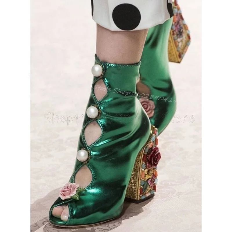 Sandálias Peep Toe para mulheres, apliques, decoração pérola, verde, deslizamento, saltos altos volumosos, sapatos de festa, moda, 2024