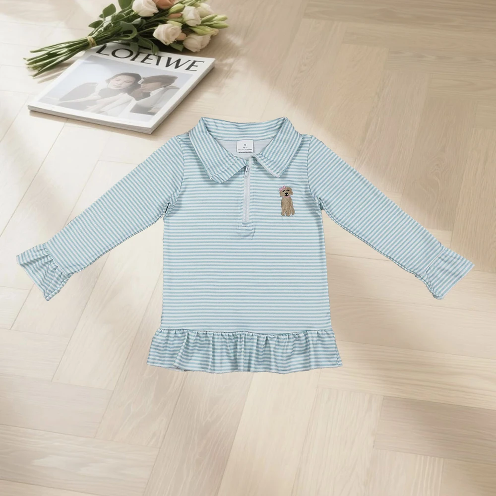 

Детский модный топ с вышивкой и бантом, с рисунком собак, для девочек, синий в полоску, на молнии, с рюшами, пуловер