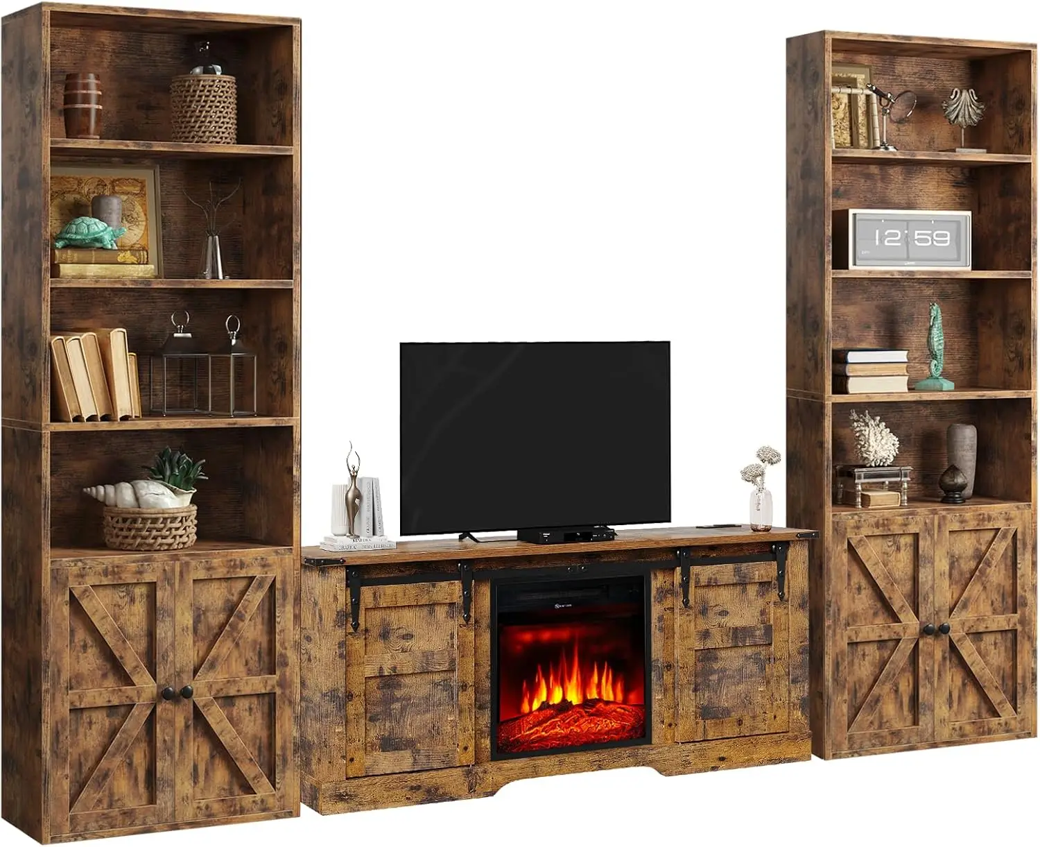 Lareira TV Stand Set para Sala, 3-Piece Estante, Brown Estante Set, 2 e 58"