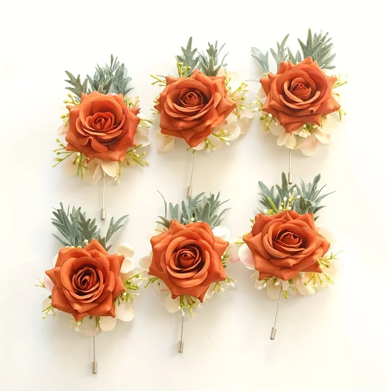 Deep Orange Rose Wedding Wrist Corsage, acessórios florais elegantes para a noiva, dama de honra, homens, noivo, requintado, 6pcs