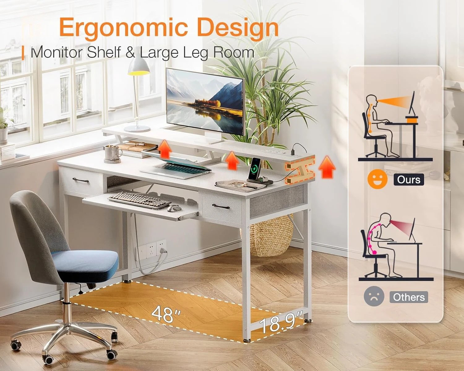 White Computer Desk with Drawers, 48 Inch Office Desk with Power Outlet with Keyboard Tray, Study Table Work Shelf