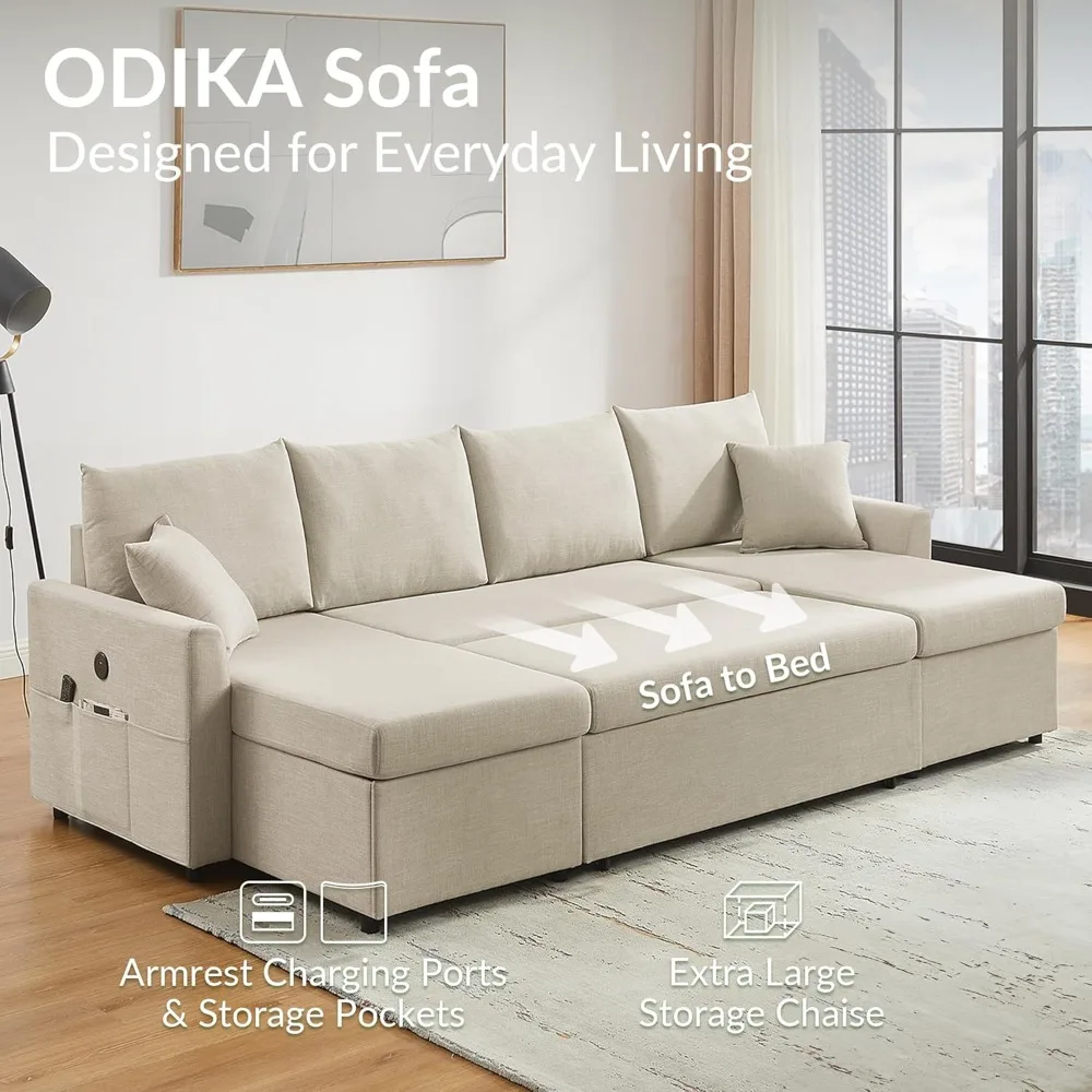 U Shaped Convertible Sleeper Sofa Bed, Sectional Couch Living Room - Dual USB-C Charging, Pull Out Bed, Reversible Chaise