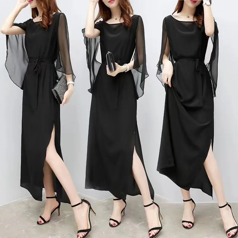 

2024 Women's Clothing Slim Fit Slit Long Chiffon Dress Spring Summer New 0809