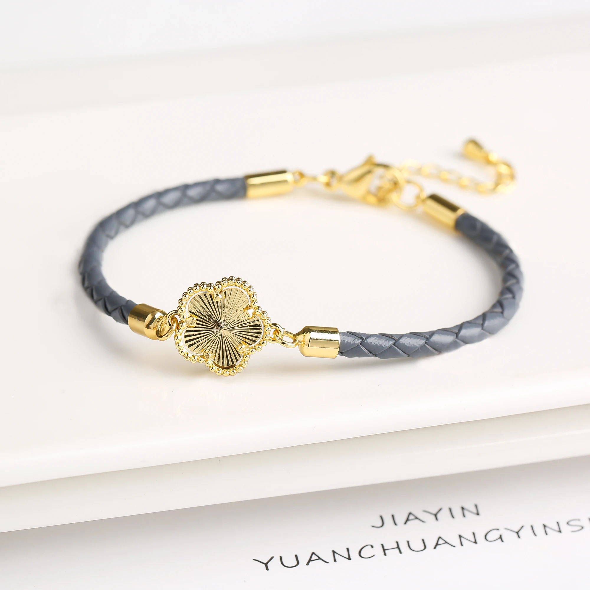Classic Genuine Leather Woven Natural Stone Flower Charm Bracelet