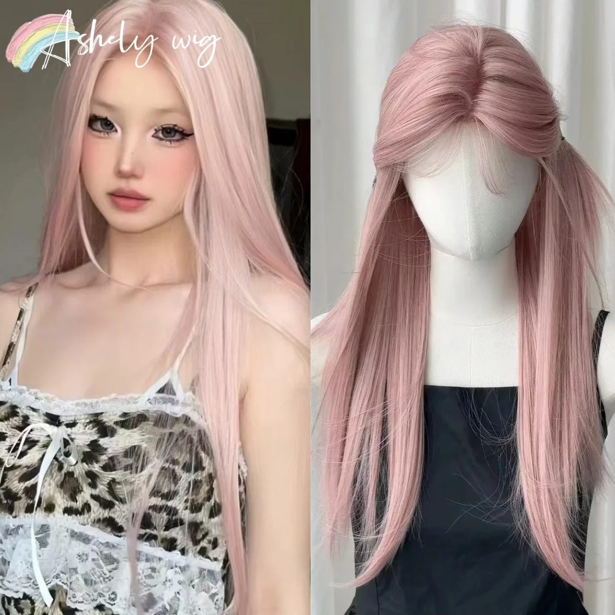 Różowa peruka Lolita Długa prosta różowa peruka dla kobiet Opaska na głowę Peruki syntetyczne Pelucas De Fiesta Peruki w promocji Lolita 가발